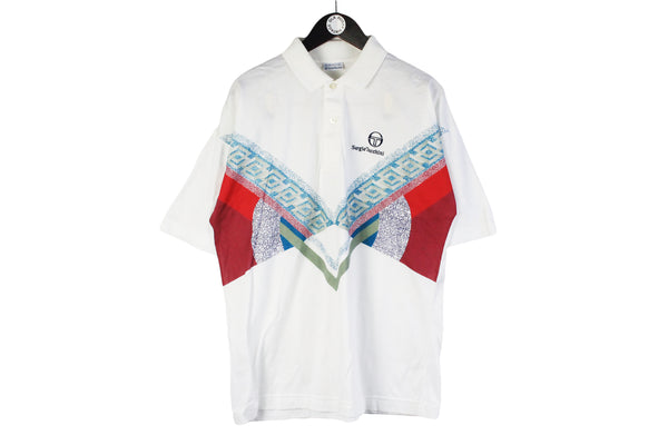 Vintage Sergio Tacchini Polo T-Shirt XLarge white abstract pattern 90s retro style cotton tee Tennis