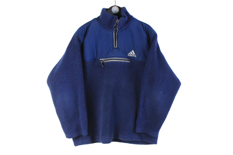 Vintage Adidas Fleece Medium size men's 1/4 zip winter sweater navy blue big logo classic outdoor jacket warm ski sport extreme wear retro 90's style pulllover authentic athletic