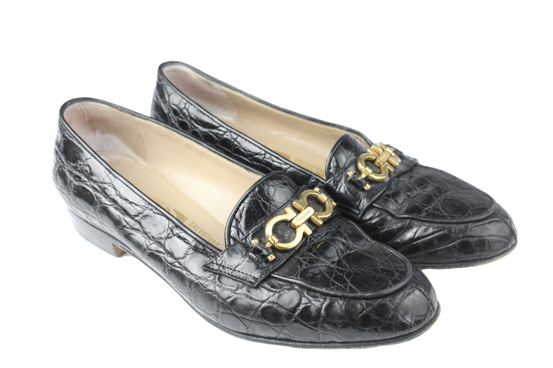 Vintage Salvatore Ferragamo Shoes Women's US 6.5 python leather crocodile pattern black 90s classic luxury shoes