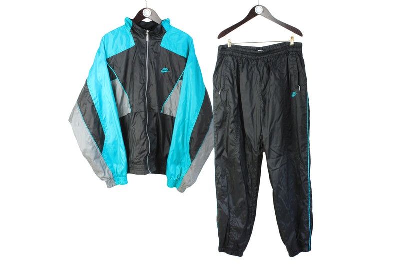 Vintage Nike Tracksuit XXLarge size men's jacket and track pants full zip long sleeve multicolor sport wear 90's style authentic athletic clothing rare street style black blue
