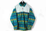 Vintage Fleece Snap Shirt Large green multicolor sweater 80s ski stylel