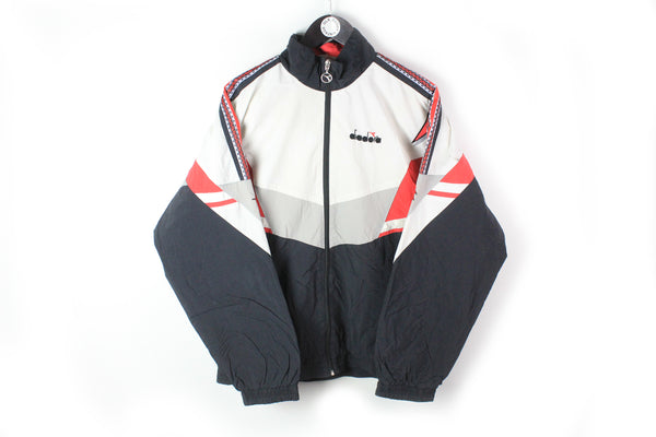 Vintage Diadora Track Jacket Large white black 90's Italy sport style windbreaker