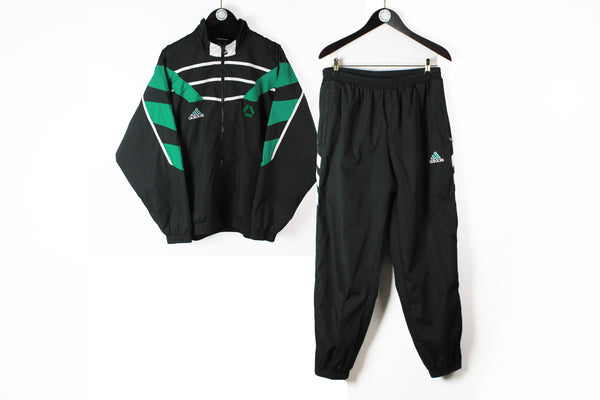 Vintage Adidas Tracksuit Large black green 90s sport suit retro style 