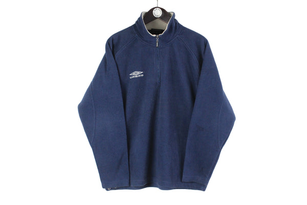 Vintage Umbro Fleece Medium size men's 1/4 zip warm sweatshirt winter wear retro 90's style sport athletic authentic navy blue pullover rare 80's clothing small logo