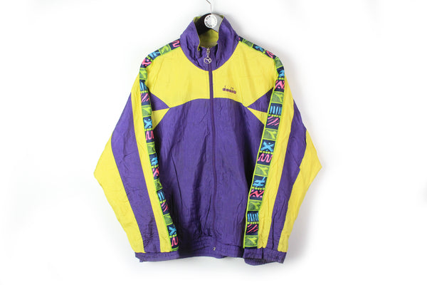 Vintage Diadora Tracksuit Large purple yellow big logo 90's sport Italy style windbreaker Jacket + Pants