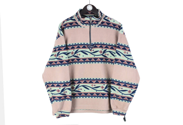 Vintage Fleece Medium size men's warm 1/4 zip sweatshirt winter wear retro 90's style sport athletic authentic pullover rare 80's clothing floral pattern pink long sleeve street style oudoor