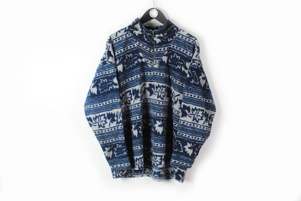 Vintage Fleece 1/4 Zip Medium abstract pattern leaf print blue sweater