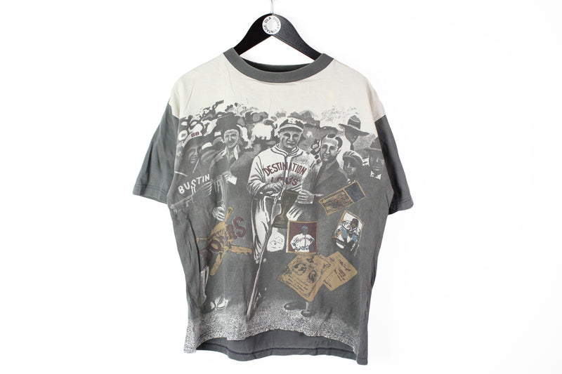 Vintage Baseball Pattern T-Shirt Medium gray 90's crewneck cotton tee