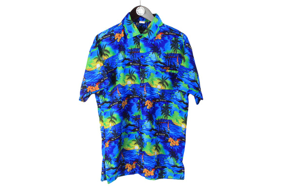 Vintage Hawaii Shirt Large size men's bright multicolor summer tee button up blouse retro style 90's wear collared tee palms pattern