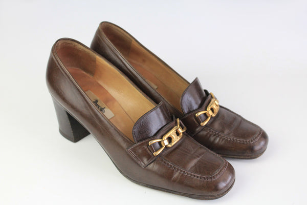 Vintage Celine Cousu Main Pump In Patent Shoes brown leather 90's retro style classic heels 