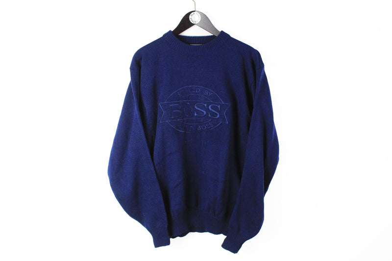 Vintage Hugo Boss Sweater XLarge / XXLarge big embroidery logo navy blue wool International pullover