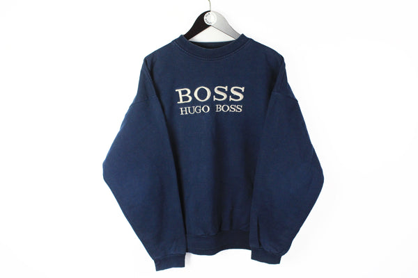 Vintage Hugo Boss Bootleg Sweatshirt Large big logo navy 90s sport style cotton jumper crewneck