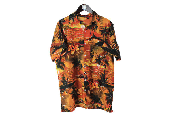 Vintage Hawaii Shirt XLarge size men's bright summer button up blouse palms pattern orange black short sleeve retro wear light collared tee