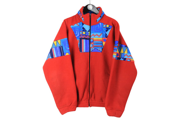 Vintage Fleece Full Zip XLarge size men's bright oversize red abstract patten warm winter sweat windbreaker jacket retro wear 90's style