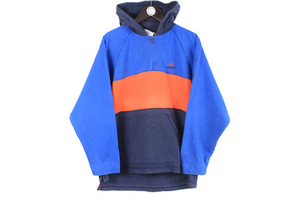 Vintage Adidas Hoodie 1/4 Zip Small cotton 90s blue orange retro classic sport jumper