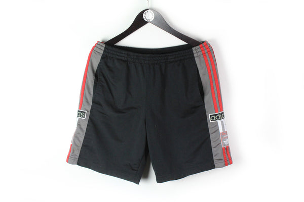 Vintage Adidas Shorts Snap Buttons Medium black gray 90's big logo authentic retro style shorts