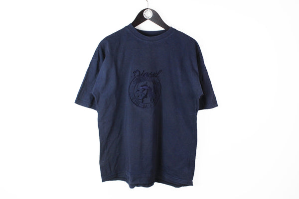 Vintage Diesel T-Shirt Medium embroidery big logo 80's navy blue cotton tee