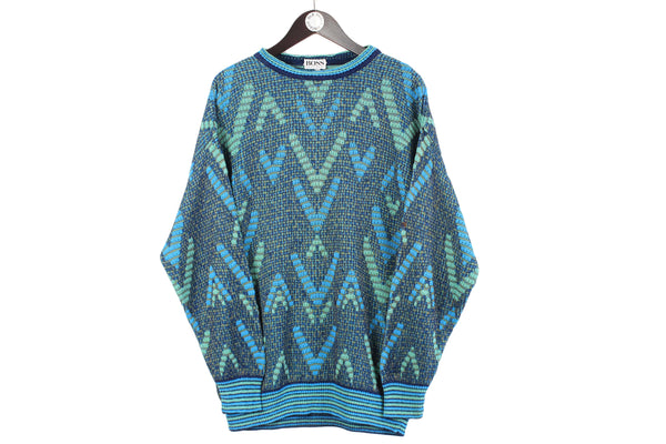 Vintage Hugo Boss Sweater XLarge blue abstract pattern 90s retro style pullover jumper authentic crewneck