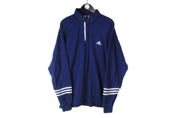 Vintage Adidas Sweatshirt XLarge size men's classic rare retro sport wear big logo old school style athletic authnetic jumper collared long sleeve navy blue street style