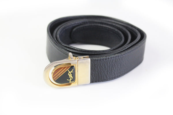 Vintage Yves Saint Laurent Double Sided Leather Belt black metal gold 90's retro style luxury authentic accessories