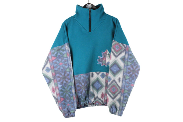 Vintage Fleece 1/4 Zip Large / XLarge blue abstract pattern 90s sport style winter sweater jumper
