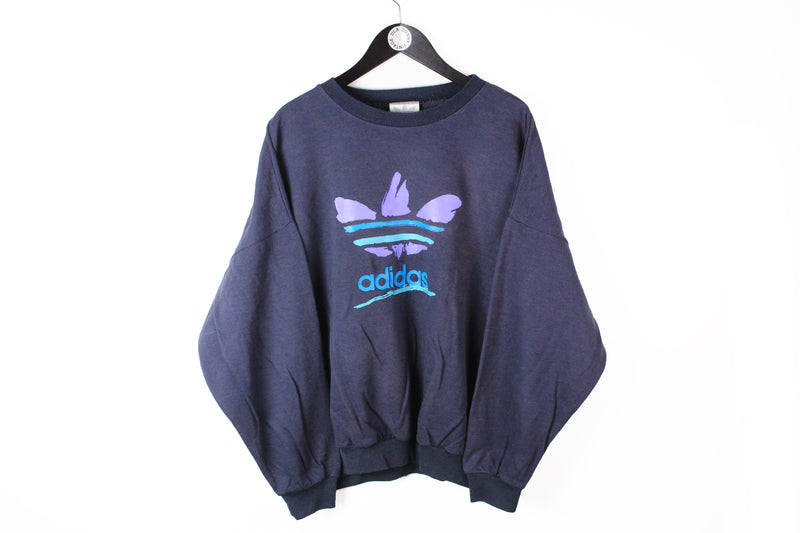 Vintage Adidas Sweatshirt Large  big logo 90's navy blue cotton crewneck sportswear jumper