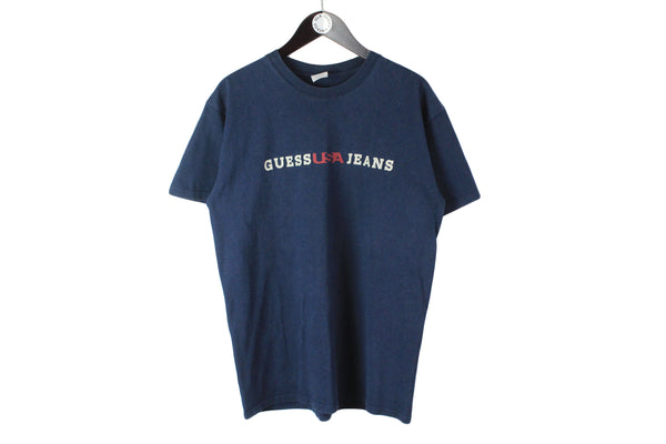 Vintage Guess T-Shirt Large size men's made in USA retro tee navy blue big logo rare top summer wear shorts sleeve crew neck authentic athletic style 