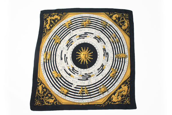Vintage Hermes Dies Et Hore Scarf black gold calendar sun silk retro 