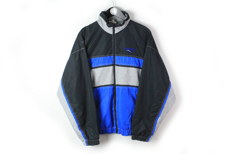 Vintage Reebok Track Jacket Large black blue 90s full zip windbreaker