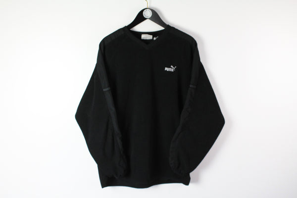 Vintage Puma Fleece Sweatshirt Medium black V-neck retro 90s style winter ski sweater