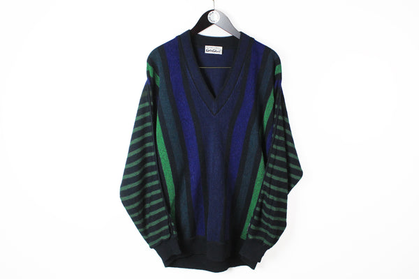 Vintage Carlo Colucci Sweater XLarge Deep V-neck jumper pullover 90s blue green 