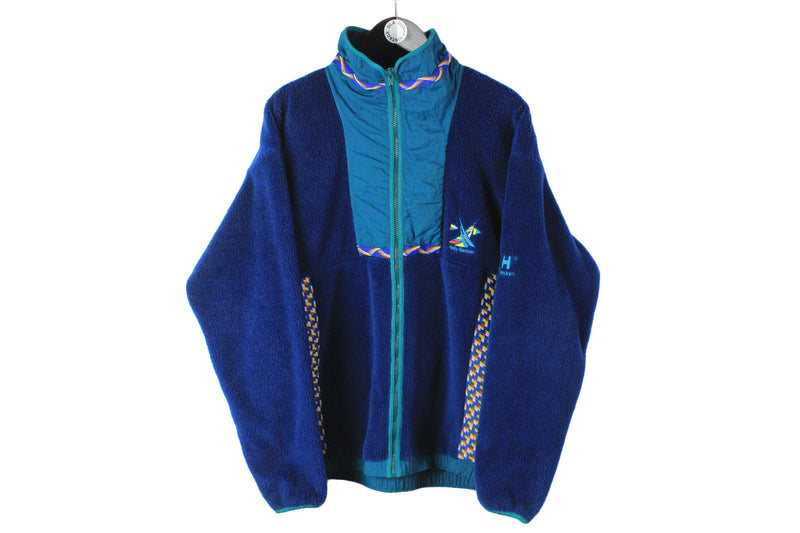 Vintage Helly Hansen Fleece Large size men's full zip blue sweater warm winter mountain outdoor wear 90's style authentic athletic 