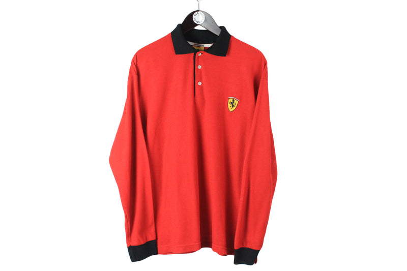 Vintage Ferrari Rugby Shirt Large size oversize pullover 90's style collared long sleeve racing wear race style Michael Schumacher sweatshirt big logo bolid