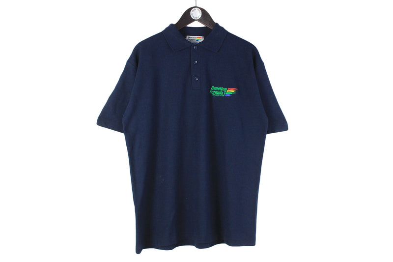 Vintage Benetton Formula 1 Polo T-Shirt XLarge navy blue small logo racing 90s F1 cotton tee