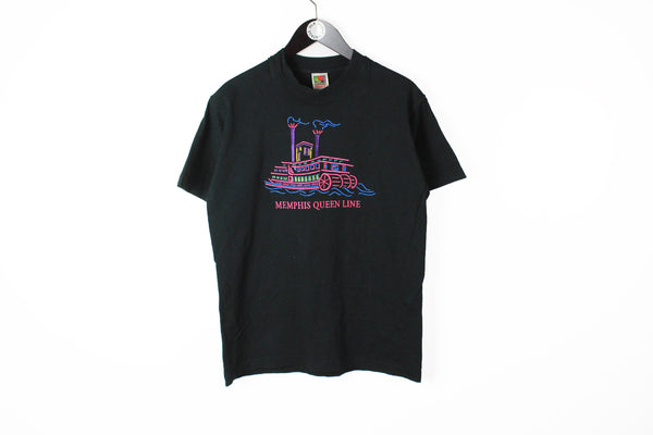 Vintage Memphis Queen Line T-Shirt Medium black embroidery logo 90s tee
