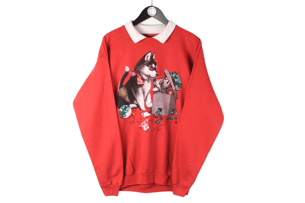 Vintage Collared Sweatshirt Large animal pattern dog and cat 90s retro style bright sweatshirt 