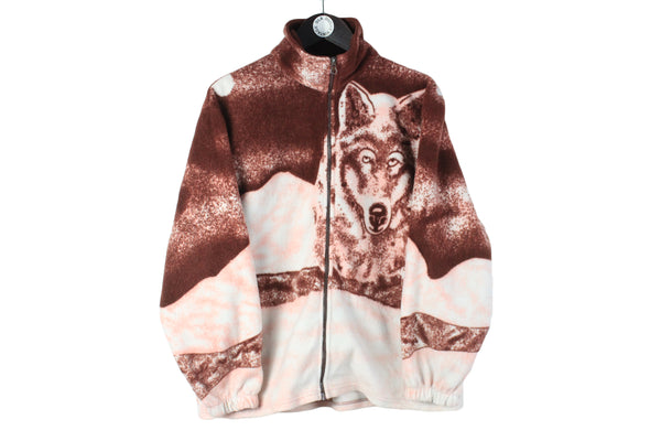 Vintage Wolf Fleece Full Zip Women's XLarge animal pattern brown retro style big logo wild nature print sweater