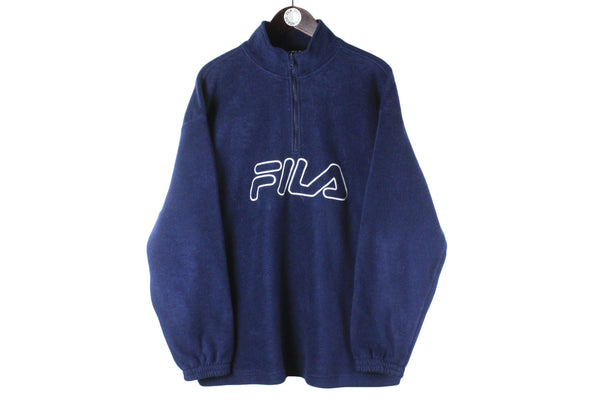 Vintage Fila Fleece 1/4 Zip Large navy blue big logo 90s sport ski sweater winter cozy jumper