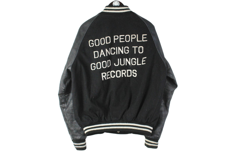 drum and bass labels Concrete Junglists Bomber Jacket XLarge UK rave party big embroidery logo authentic retro style varsity coat Good People Dancing To Good Jungle Records