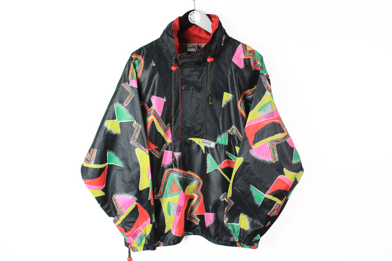 Vintage Puma Anorak Light Wear Half Zip Medium crazy pattern multicolor 90's style black windbreaker jacket