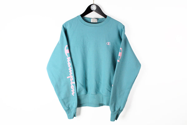Vintage Champion Sweatshirt Medium blue pink 90s sport jumper big logo athletic cotton