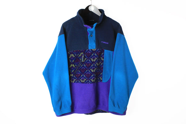 Vintage Fleece Snap Buttons Large blue purple abstract pattern Brugi 90's sport style winter outdoor sweater