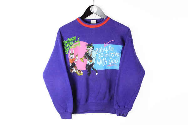 Vintage United Colors of Benetton Sweatshirt Women's XSmall purple cats and rabbits 90's 80's sport style funny jumper crew neck The Crazy School of Benetton