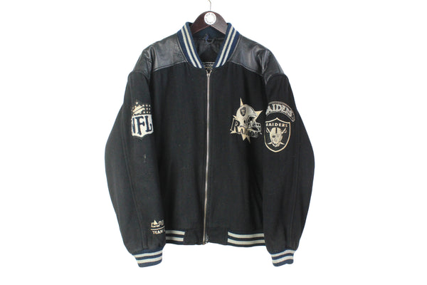 Vintage Raiders Jacket XLarge size men's bomber black oversize heavy coat NFL USA stye retro rare full zip game weat authentic athletic football