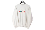 Vintage Naf Naf Sweatshirt Medium size men's beige pullover big embroidery logo long sleeve crewneck authentic 90's retro clothing