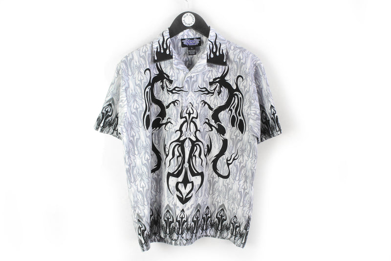 Vintage Japan Style Shirt XSmall / Small gray dragon big logo print 90's made in Korea hawaii Japan shirt