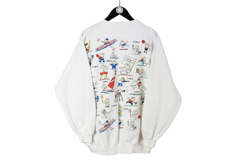Vintage Olympic Game Sweatshirt Small size men's unisex sport basic white pullover 1988 Cobi 90's style authentic athletic long sleeve 1992 Barcelona Cobi Mascot