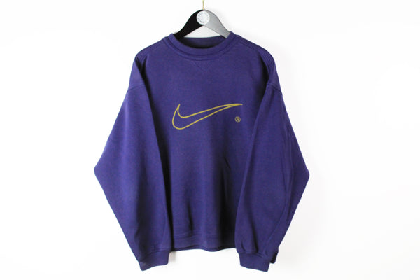 Vintage Nike Sweatshirt Large purple swoosh gold big logo 90s sport rare retro style USA jumper crew neck