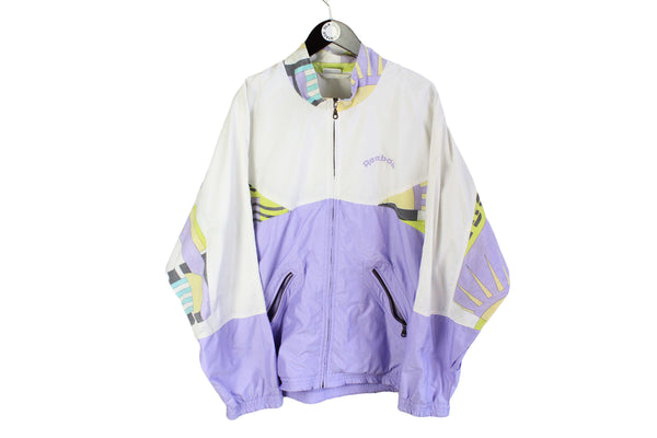 Vintage Reebok Track Jacket XXLarge white purple abstract crazy pattern rave style windbreaker sport coat