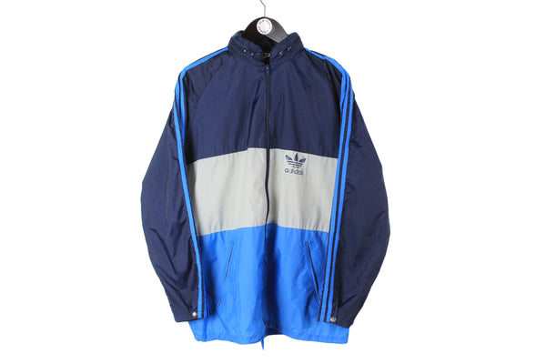 Vintage Adidas Jacket Large size men's full zip windbreaker blue classic sport wear hooded coat authentic athletic clothing 90's retro coat